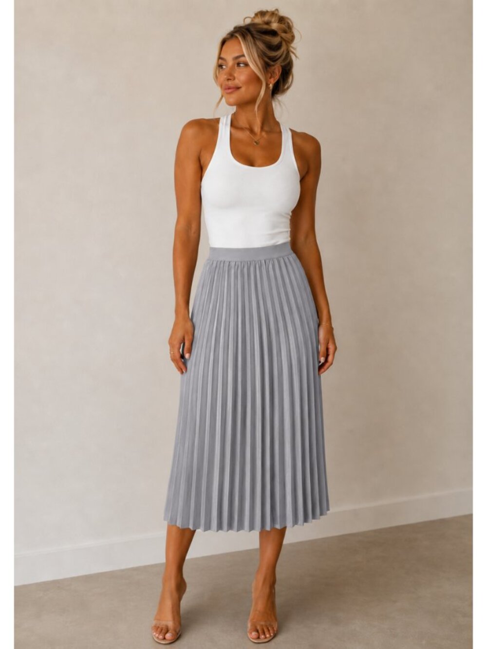 NWT High Elastic Waist Pleated Mid A-Line Swing Skirt